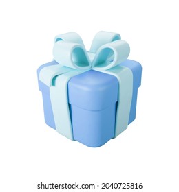 3d blue gift box with pastel ribbon bow isolated on a white background. 3d render flying modern holiday surprise box. Realistic vector icon for present, birthday or wedding banners