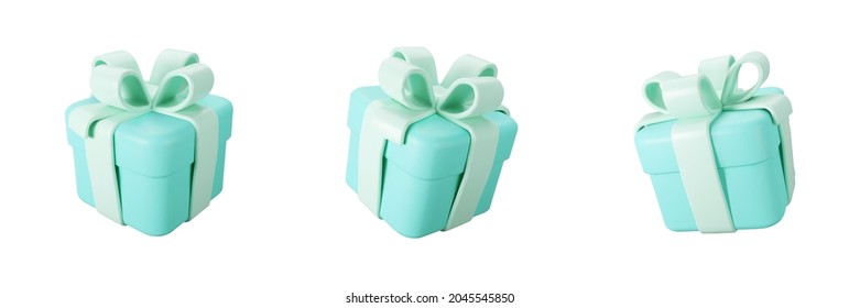 3d blue gift box set with pastel ribbon bow isolated on a white background. 3d render flying modern holiday closed surprise box. Realistic vector icon for present, birthday or wedding banners