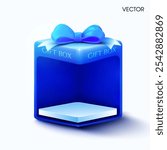 3d blue gift box which can be looked inside, isolated on background. 3 Gift box showcase vector