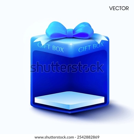 3d blue gift box which can be looked inside, isolated on background. 3 Gift box showcase vector