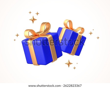 3d Blue Gift Boxes with Golden Ribbons, bow and Sparkles – Festive Vector Illustration