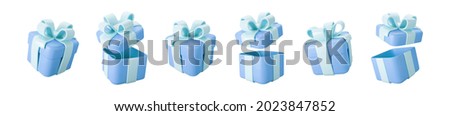 3d blue gift boxes open and closed set with pastel ribbon bow isolated on a white background. 3d render flying modern holiday surprise box. Realistic vector icon for birthday or wedding banners 商業照片 © 