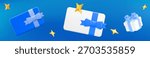 3d blue gift card with bow and gift box with gold stars on isolated background. Gift certificate for promotion of goods for holidays. Horizontal banner. Stock vector illustration.