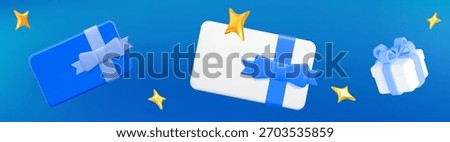 3d blue gift card with bow and gift box with gold stars on isolated background. Gift certificate for promotion of goods for holidays. Horizontal banner. Stock vector illustration.