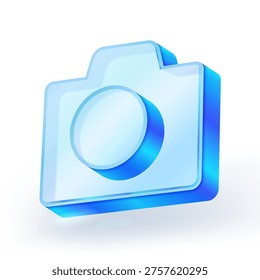 3D blue glass camera icon with transparent effect and soft gradient lighting. Modern UI symbol ideal for photography apps, media, and digital design projects. vector illustration.