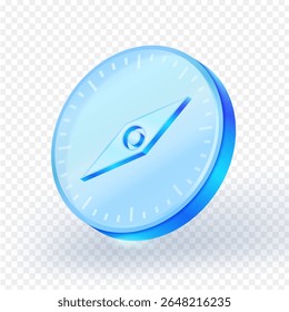 3D blue glass compass icon with modern minimal design, isolated on transparent background. Ideal for navigation, direction, and travel related user interfaces and apps. 3D vector illustration.