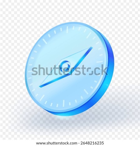 3D blue glass compass icon with modern minimal design, isolated on transparent background. Ideal for navigation, direction, and travel related user interfaces and apps. 3D vector illustration.