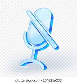 3D blue glass mute microphone icon with a diagonal slash, isolated on transparent background. Perfect for audio, podcast or communication user interface designs. vector illustration.