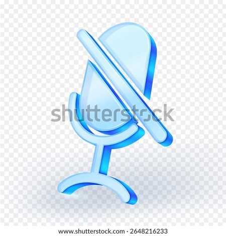 3D blue glass mute microphone icon with a diagonal slash, isolated on transparent background. Perfect for audio, podcast or communication user interface designs. vector illustration.
