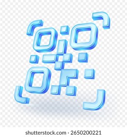 3D blue glass QR code icon with smooth edges and subtle shadows. Ideal for digital marketing, technology, mobile payment and modern connectivity concepts. isolated on transparent background. EPS file.