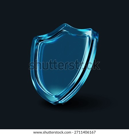 3D blue glass shield icon with holographic gradient and light refraction effects on a dark background. Modern security, privacy protection, and data defense symbol.