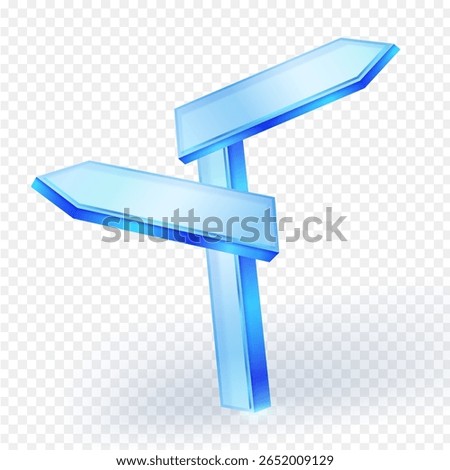 3D blue glass signpost with two blank arrows pointing in different directions. Symbolizes choices, future paths, navigation, and decision making. Vector illustration.