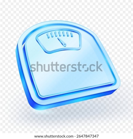 3d blue glass style weight scale icon. Represents health, weight management, fitness, and wellness. Ideal for illustrating diet, exercise, and lifestyle themes. Health and Wellness concept.
