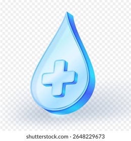 Ícone de gota de água de vidro azul 3D com um símbolo de cruz médica, isolado no fundo transparente. Perfeito para o sistema de saúde, hidratação e interfaces e projetos de usuário relacionados à medicina. ilustração vetorial.