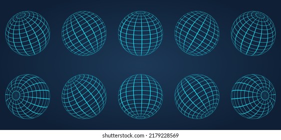 3D Blue Globe Grid Sphere Set on Dark Background. Geometric Round Grid Mesh Ball. Wireframe Globe Surface. Wire Global Earth Latitude and Longitude. Wired Line 3D Planet Globe. Vector Illustration.