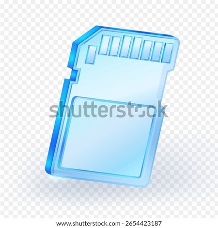 3D blue glossy icon of an SD memory card, isolated on transparent background. Great for tech, storage, or data-related design elements. Vector illustration.