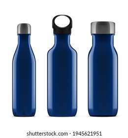 3D Blue Glossy Metal Reusable Water Bottle Set Isolated On White Background. EPS10 Vector