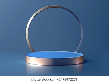 3D Blue and Gold Podium with Golden Rings, Luxury Product Display and Mockup Showcase