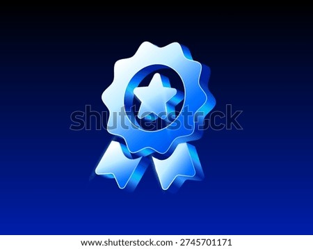 3d Blue gradient award badge with star and ribbon icon symbolizing achievement, quality certification, excellence, and recognition on a dark blue background.
