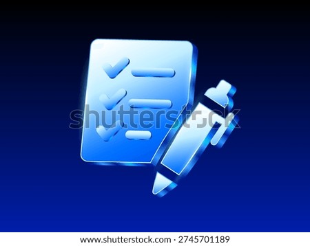 3d Blue gradient checklist document with pen icon symbolizing task management, planning, approval, documentation, and business organization on a dark blue background.
