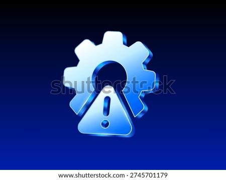 3d Blue gradient gear with warning triangle icon symbolizing system error, technical issue, maintenance alert, risk management, and problem notification on a dark blue background.