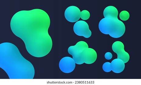 3d blue and green liquid blobs set. Abstract colored spheres in flight. Vector realistic render of bubbles on an isolated white background. Illustration of lava lamp elements in y2k style.