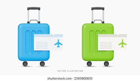 3D Blue and green suitcase with boarding pass. Travel luggage and plane ticket. Plastic bag. Summer vacation. Flight for trip. Cartoon design icon set isolated on white. 3D Vector illustration