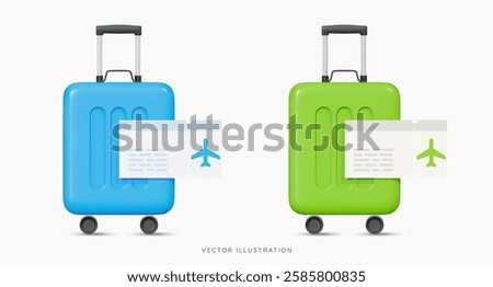 3D Blue and green suitcase with boarding pass. Travel luggage and plane ticket. Plastic bag. Summer vacation. Flight for trip. Cartoon design icon set isolated on white. 3D Vector illustration