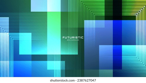 3D blue green techno abstract background overlap layer on dark space with glowing squares shape decoration. Modern graphic design element cutout style concept for banner, flyer, card or brochure cover