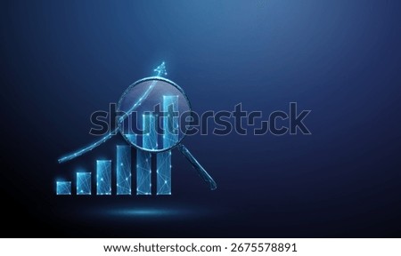 3d blue growing chart under a magnifying glass Financial analysis, performance monitoring, investment tracking, data-driven decision making concept Low poly digital futuristic style, wireframe Vector.