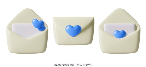 3D blue hearts on envelope emoji set. Cute minimal mail or message icons for Father or a boy. Front view three dimensional vector illustrations collection isolated on white background.