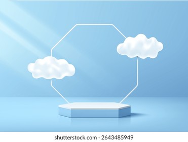 3D Blue hexagon podium with white frame and cloud background. Abstract geometric composition minimalist design. Studio display showroom stands product pedestal, Fashion stage showcase mockup scene.