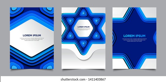 3d blue hexagram paper cut style cover design set, advertising, branding, presentation design template