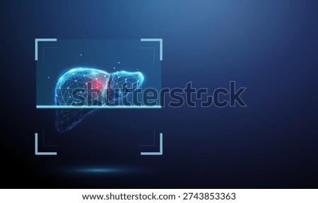 3d blue human liver inside digital scanning frame with and red spot. Hepatic examination, lesion detection, liver disease identification, tissue abnormality screening concept. Futuristic style. Vector