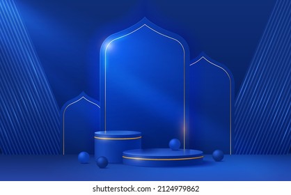 3d blue islamic stage podium cylinder with golden in dark or night theme for ramadan or islamic festivity