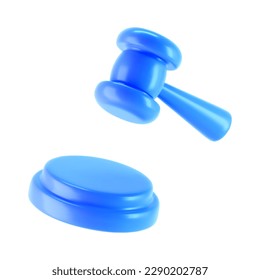 Icono de martillo azul del juez de 3d aislado en fondo blanco. Entrega de martillo de subasta y concepto de derecho y juicio. 3.ª ilustración vectorial simple de dibujos animados