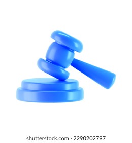 3d blue judge gavel icon isolated on white background. Render of auction hammer and concept of law and judgment. 3d cartoon simple vector illustration