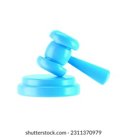 Icono de martillo azul del juez de 3d aislado en fondo blanco. Entrega de martillo de subasta y concepto de derecho y juicio. 3.ª ilustración vectorial simple de dibujos animados