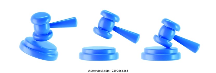 Iconos de gavel de juez azul 3d aislados en fondo blanco. Entrega de martillo de subasta y concepto de derecho y juicio. 3.ª ilustración vectorial simple de dibujos animados