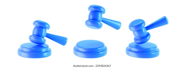 Iconos de gavel de juez azul 3d aislados en fondo blanco. Entrega de martillo de subasta y concepto de derecho y juicio. 3.ª ilustración vectorial simple de dibujos animados