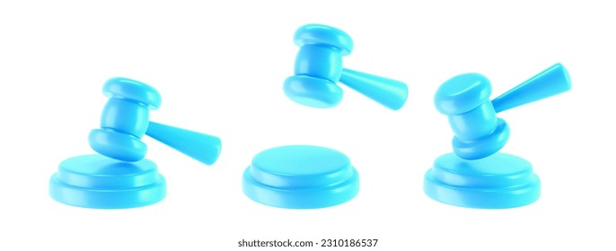 3d blue judge gavel icons isolated on white background. Render of auction hammer and concept of law and judgment. 3d cartoon simple vector illustration