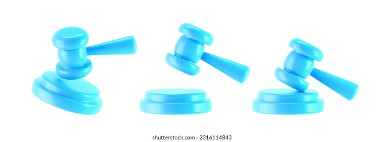 3d blue judge gavel icons isolated on white background. Render of auction hammer and concept of law and judgment. 3d cartoon simple vector illustration