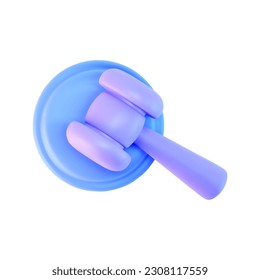 3d blue judge gavel top view icon isolated on white background. Render of auction hammer and concept of law and judgment. 3d cartoon simple vector illustration
