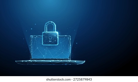 3d notebook azul e cadeado Segurança do dispositivo, proteção de dados, acesso seguro, privacidade, segurança cibernética, informações criptografadas, conceito de computação confiável Vetor estilo wireframe futurista digital baixo poli.