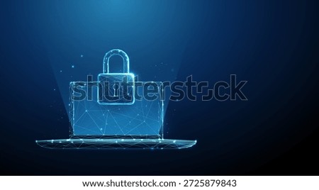 3d blue laptop and padlock Device security, data protection, secure access, privacy, cybersecurity, encrypted information, trusted computing concept Low poly digital futuristic wireframe style Vector.