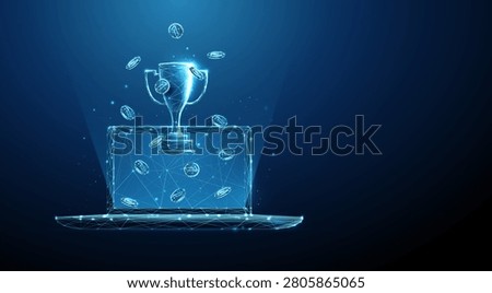3D blue laptop with sport cup and falling coins. Online sports betting, winning money, betting payout, jackpot win, gambling profit, fortune, cash reward concept. Digital futuristic style. Vector.