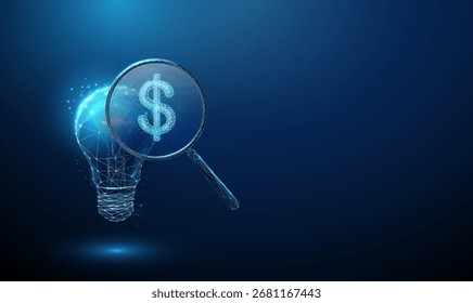 Bombilla azul 3D con una lupa que muestra un signo de dólar en el interior. Perspectiva financiera, estrategia de inversión, análisis económico, concepto de gestión de riqueza. Vector de estilo futurista digital de baja poli.