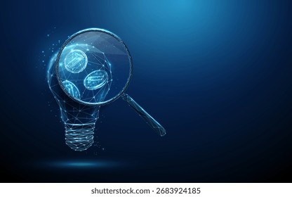 Bombilla azul 3D con una lupa con monedas que caen dentro. Idea financiera, análisis de inversión, innovación, crecimiento económico, concepto de gestión de la riqueza. Estilo futurista de poliéster bajo. Vector.