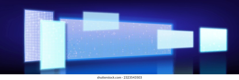 3d blue light led screen show stage background. Empty neon club interior for night concert. Cyber billboard glow lcd panel for presentation on stadium mockup. Cinema event entertainment auditorium