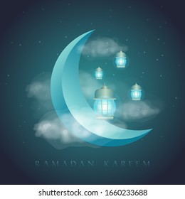 3d blue light moond, latern, and cloud background illustration for ramadan kareem
